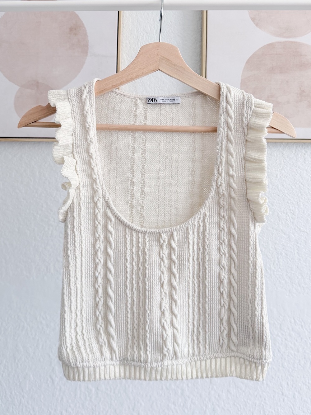 Zara Off-White Cable Knit Ruffle Sleeve Tank